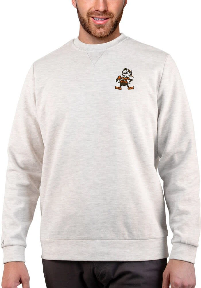 Antigua Cleveland Browns Mens Oatmeal Gambit Long Sleeve Crew Sweatshirt