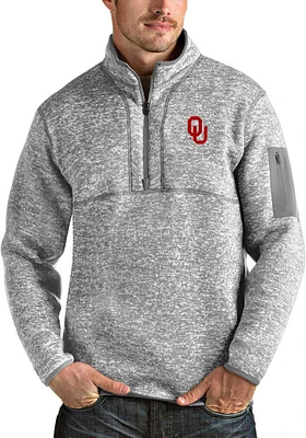 Antigua Oklahoma Sooners Mens Grey Fortune Long Sleeve Qtr Zip Pullover