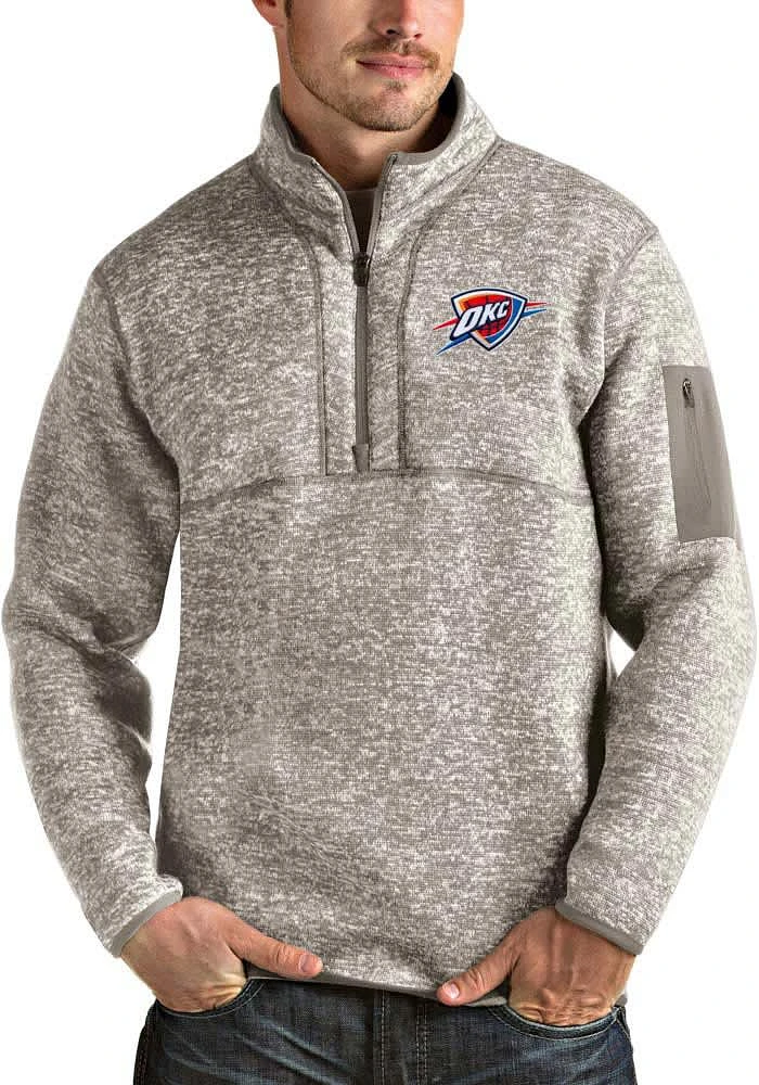 Antigua Oklahoma City Thunder Mens Oatmeal Fortune Logo Long Sleeve Qtr Zip Pullover