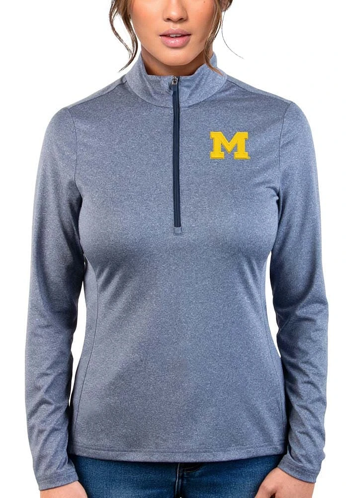 Antigua Michigan Wolverines Womens Blue Heather Rally 2 Qtr Zip Pullover