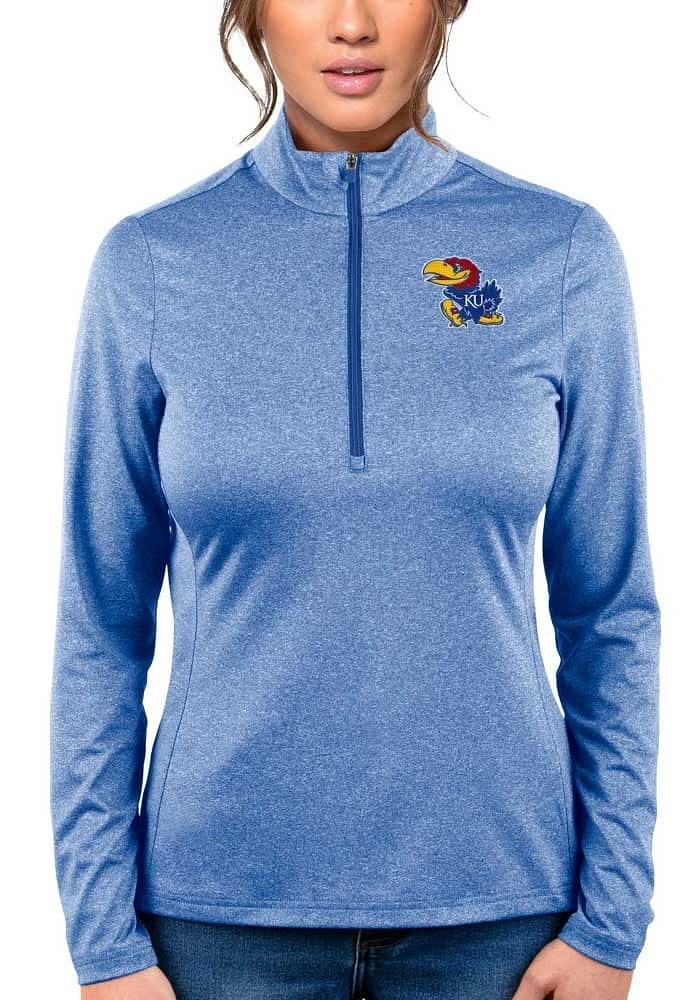 Antigua Kansas Jayhawks Womens Blue Heather Rally 2 Qtr Zip Pullover