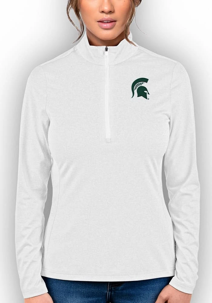 Antigua Michigan State Spartans Womens White Heather Rally 2 Qtr Zip Pullover