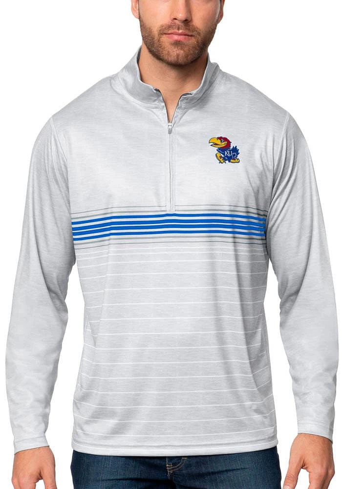 Antigua Kansas Jayhawks Mens Grey Bullseye Long Sleeve Qtr Zip Pullover