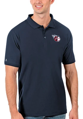Antigua Cleveland Guardians Mens Navy Blue Legacy Pique Design Short Sleeve Polo