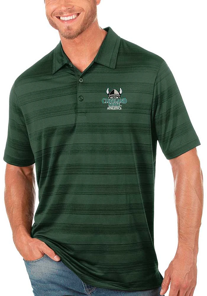 Antigua Cleveland State Vikings Mens Green Compass Tonal Stripe Short Sleeve Polo