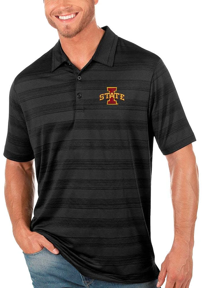 Antigua Iowa State Cyclones Mens Black Compass Tonal Stripe Short Sleeve Polo
