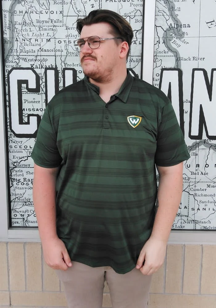Antigua Wayne State Warriors Mens Green Compass Tonal Stripe Short Sleeve Polo