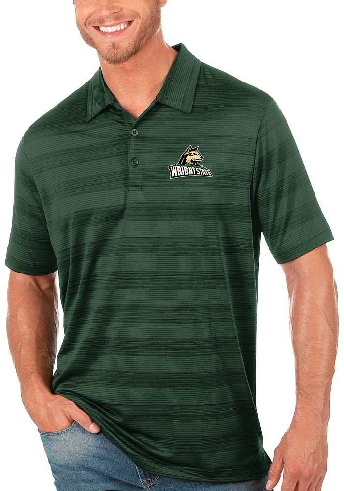 Antigua Wright State Raiders Mens Green Compass Tonal Stripe Short Sleeve Polo