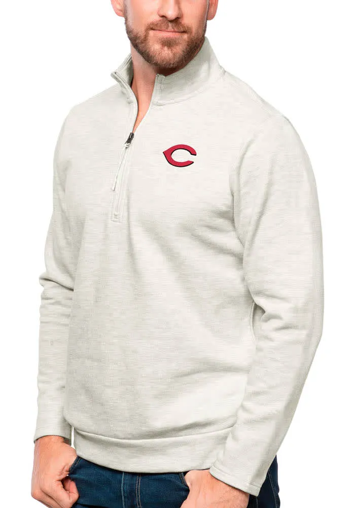 Antigua Cincinnati Reds Mens Oatmeal Gambit Long Sleeve 1/4 Zip Pullover