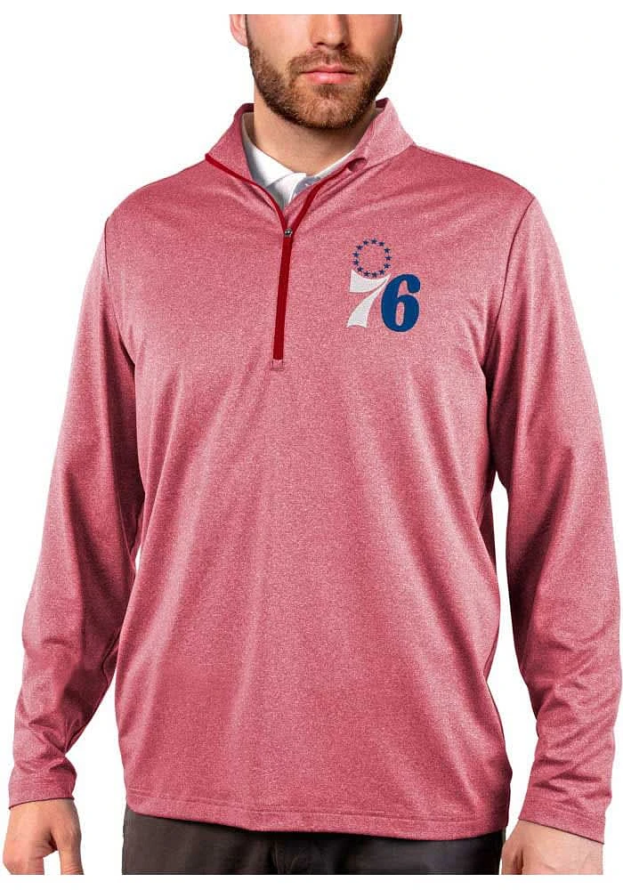 Antigua Philadelphia 76ers Mens Red Rally 2.0 Long Sleeve Qtr Zip Pullover