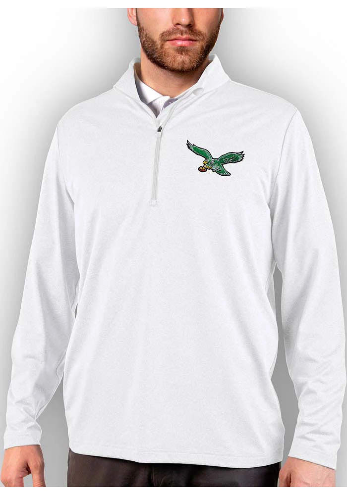 Antigua Philadelphia Eagles Mens White Rally 2.0 Long Sleeve Qtr Zip Pullover