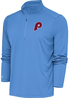 Antigua Philadelphia Phillies Mens Light Blue Tribute Long Sleeve Qtr Zip Pullover