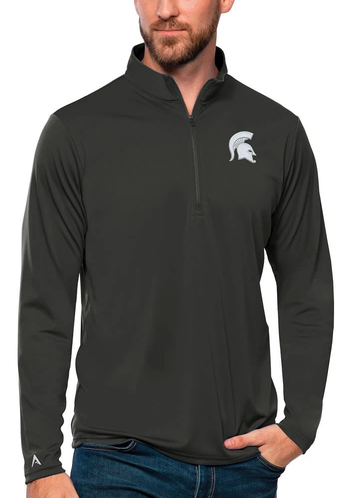 Antigua Michigan State Spartans Mens Grey Tribute Long Sleeve Qtr Zip Pullover
