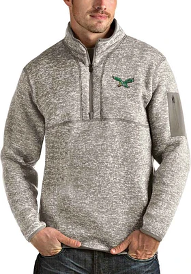 Antigua Philadelphia Eagles Mens Oatmeal Fortune Long Sleeve Qtr Zip Pullover