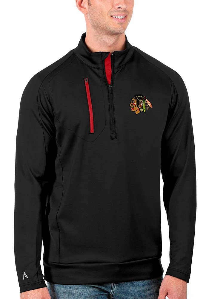 Antigua Chicago Blackhawks Mens Black Generation Logo Long Sleeve Qtr Zip Pullover
