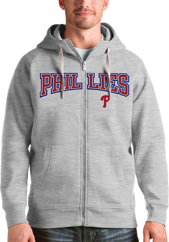 Antigua Philadelphia Phillies Mens Grey Victory Wordmark Long Sleeve Full Zip Jacket