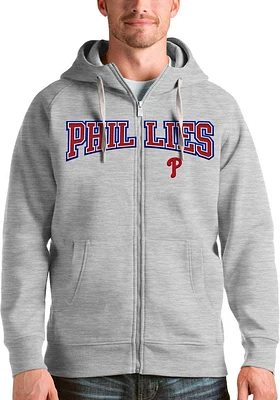 Antigua Philadelphia Phillies Mens Grey Victory Wordmark Long Sleeve Full Zip Jacket
