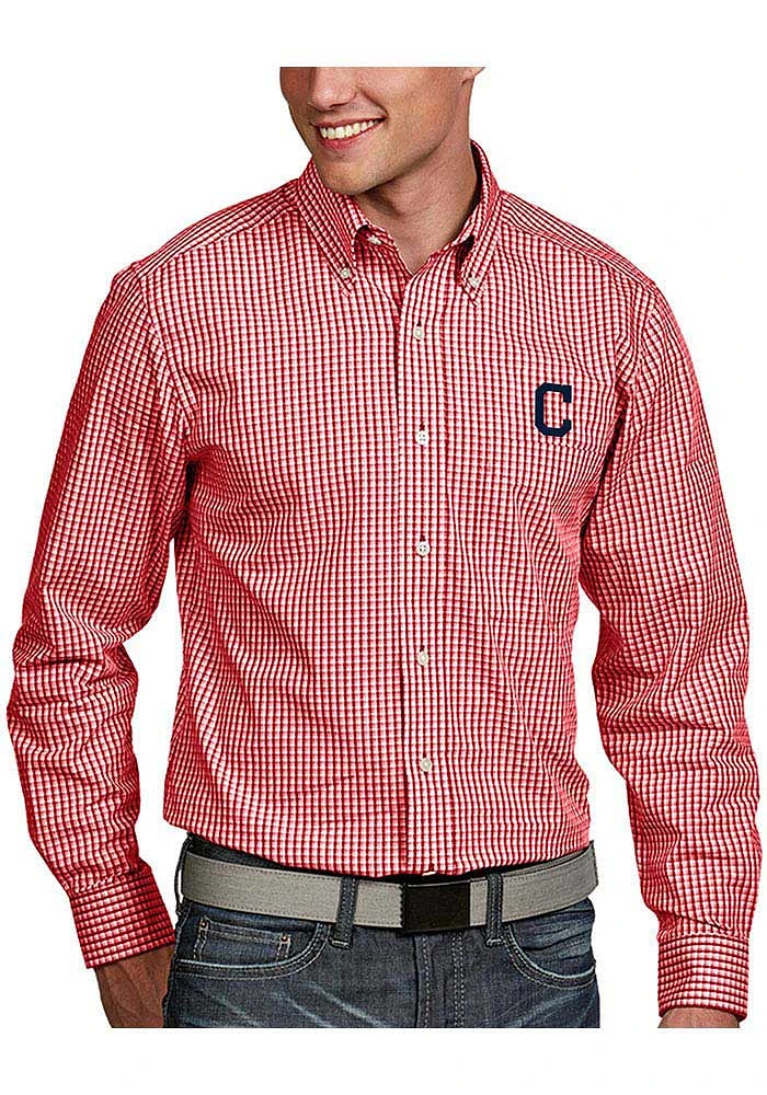 Antigua Cleveland Guardians Mens Red Associate Long Sleeve Dress Shirt
