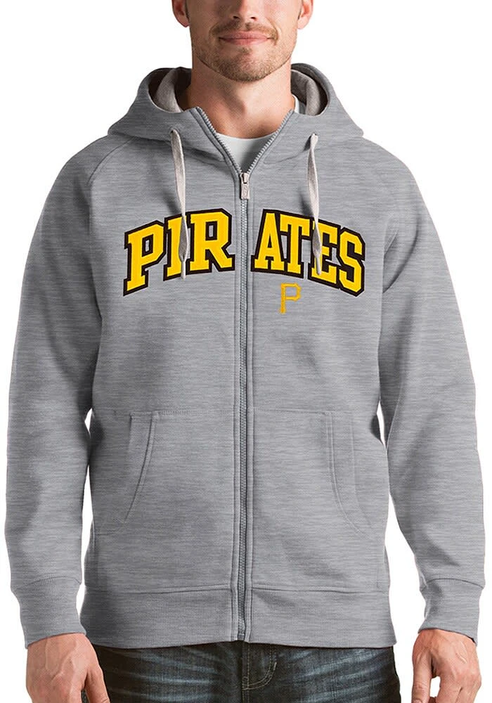 Antigua Pittsburgh Pirates Mens Grey Victory Wordmark Long Sleeve Full Zip Jacket