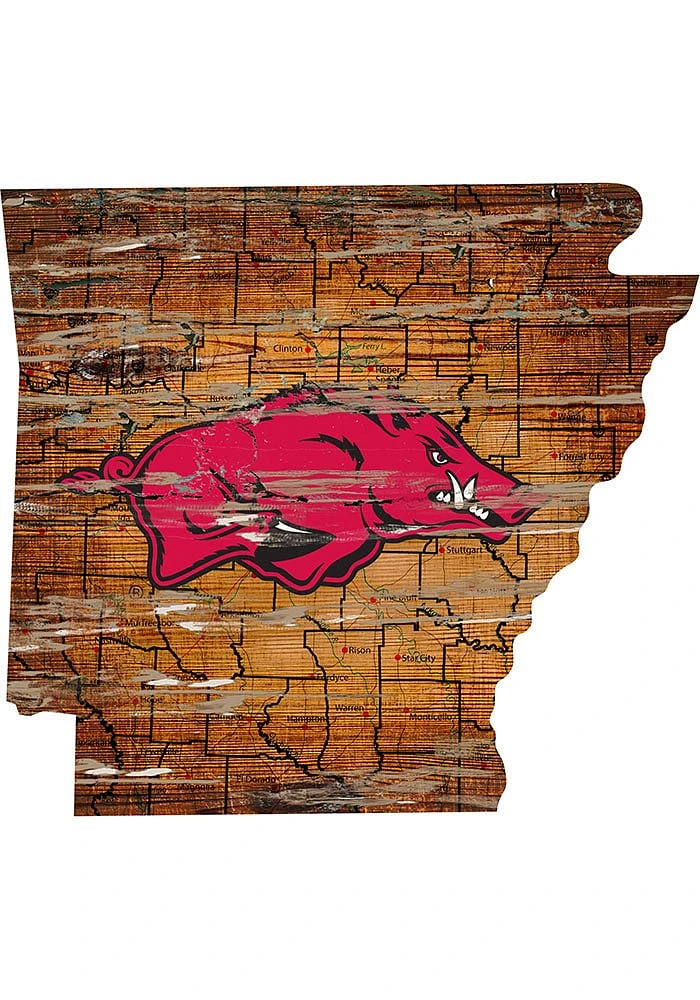 Arkansas Razorbacks Distressed State 24 Inch Sign - Brown