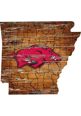 Arkansas Razorbacks Distressed State 24 Inch Sign - Brown
