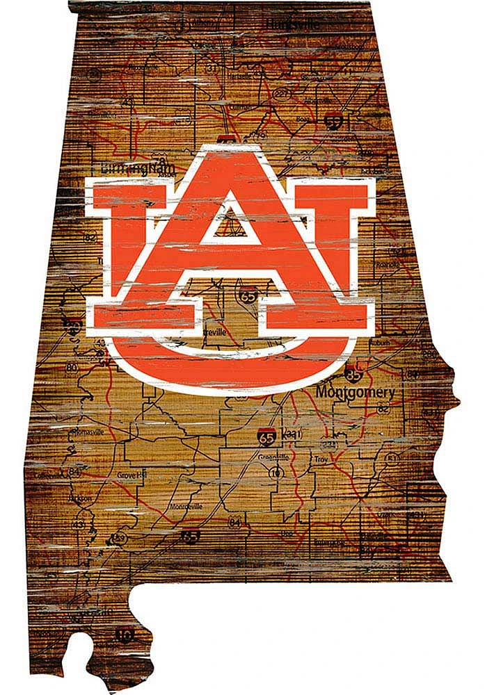 Auburn Tigers Distressed State 24 Inch Sign - Brown