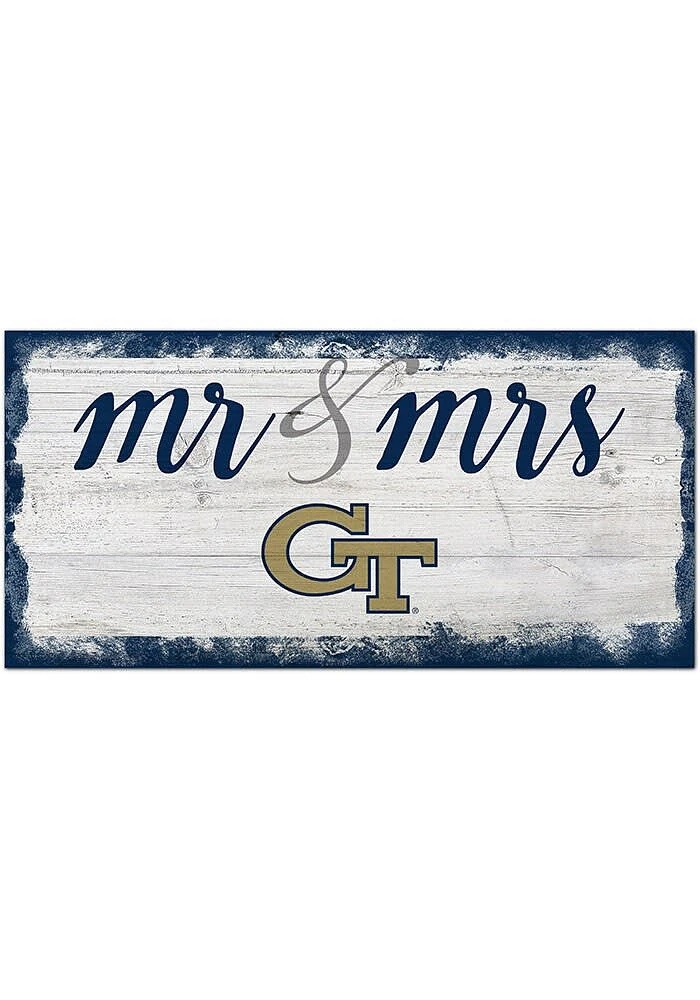 GA Tech Yellow Jackets Script Mr and Mrs Sign - Blue