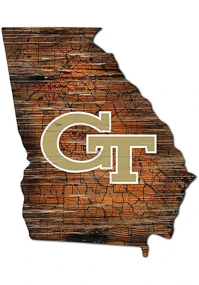 GA Tech Yellow Jackets Distressed State with Logo Sign - Blue