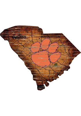 Clemson Tigers Distressed State 24 Inch Sign - Brown