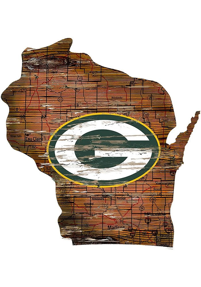 Green Bay Packers Distressed State 24 Inch Sign - Brown