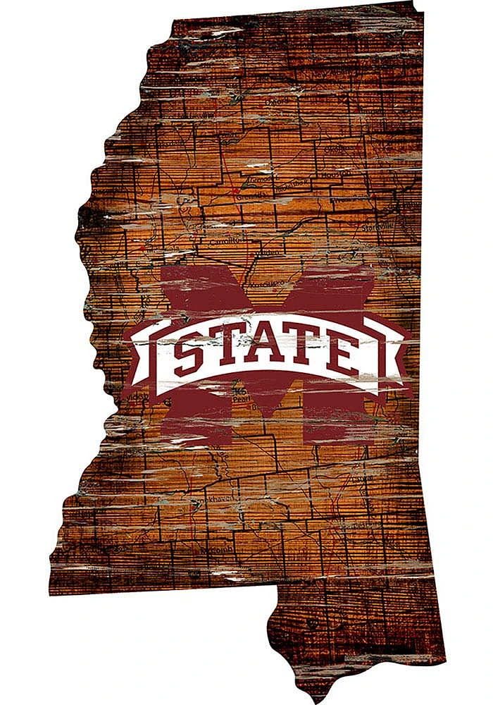 Mississippi State Bulldogs Distressed State 24 Inch Sign - Brown