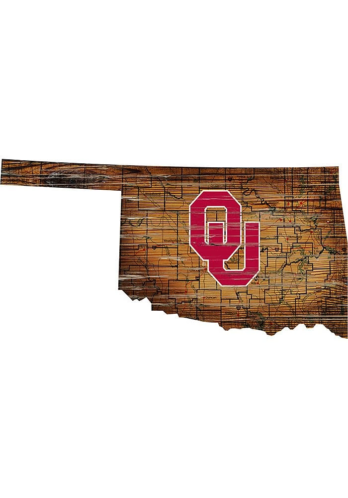 Oklahoma Sooners Distressed State 24 Inch Sign - Brown