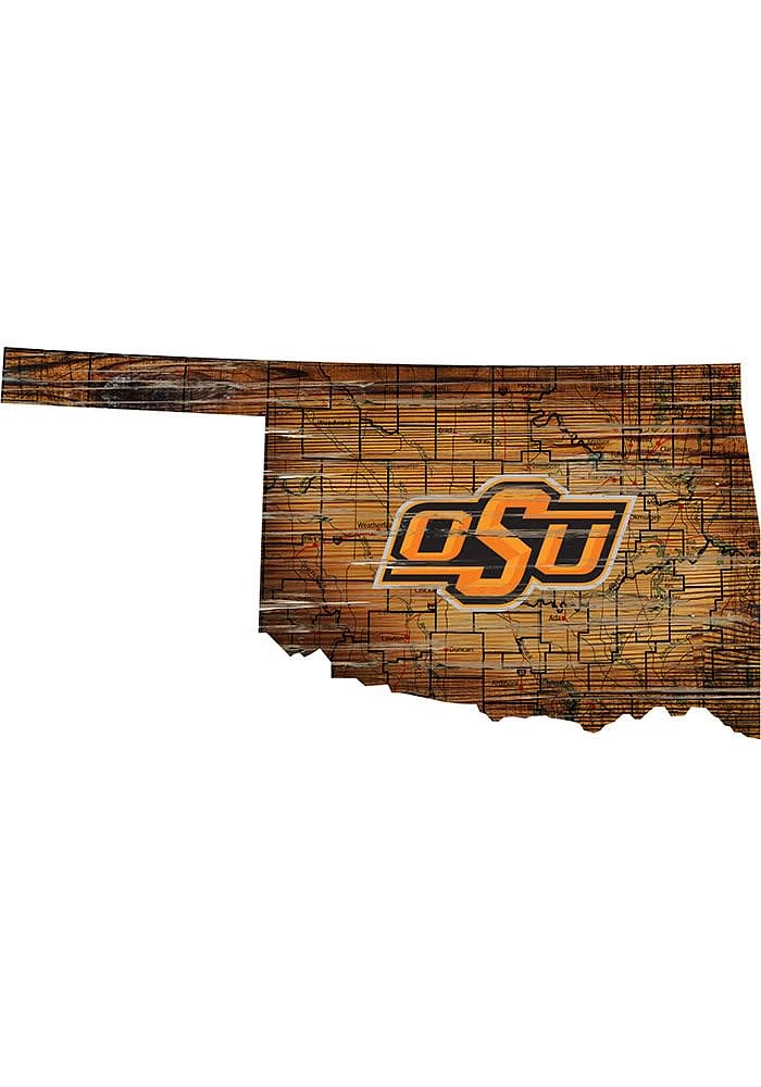 Oklahoma State Cowboys Distressed State 24 Inch Sign - Brown