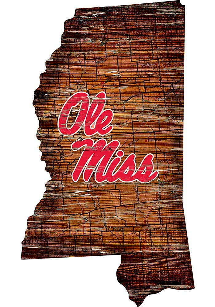 Ole Miss Rebels Distressed State 24 Inch Sign - Brown