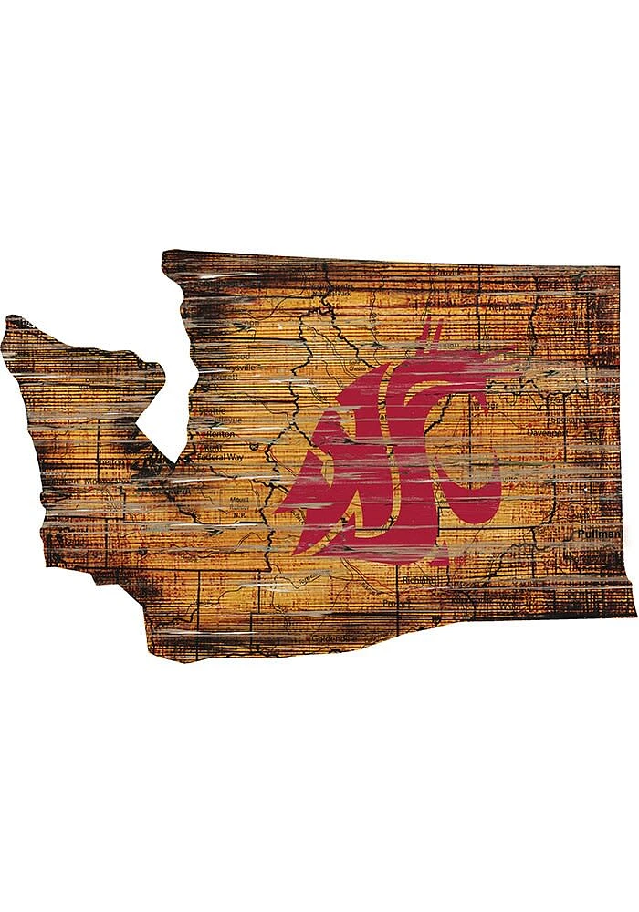 Washington State Cougars Distressed State 24 Inch Sign - Brown