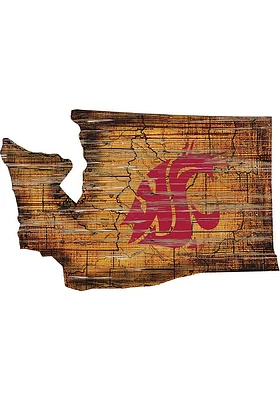 Washington State Cougars Distressed State 24 Inch Sign - Brown