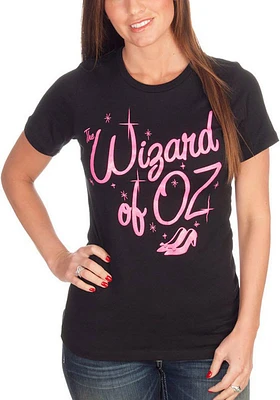 Wizard of Oz Womens Black Glitter Logo Short Sleeve T-Shirt