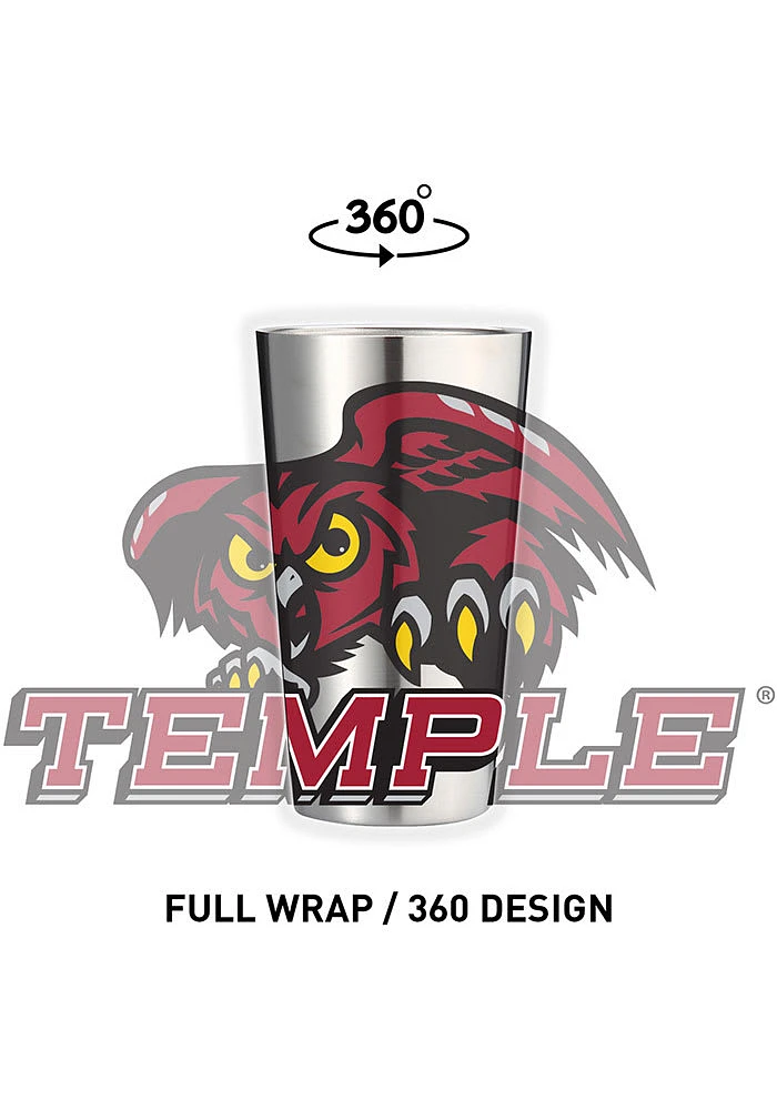 Temple Owls 16 oz Stainless Steel Pint Glass - Grey
