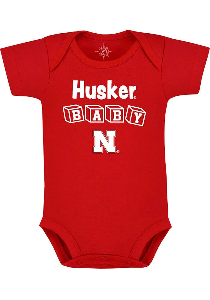Nebraska Cornhuskers Baby Red Block Mascot Short Sleeve One Piece