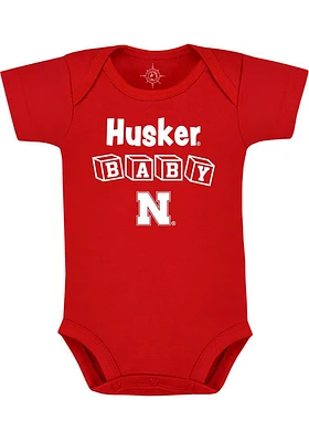 Nebraska Cornhuskers Baby Red Block Mascot Short Sleeve One Piece