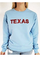 LocalE Texas Womens Light Blue Sequins Wordmark Crew Sweatshirt
