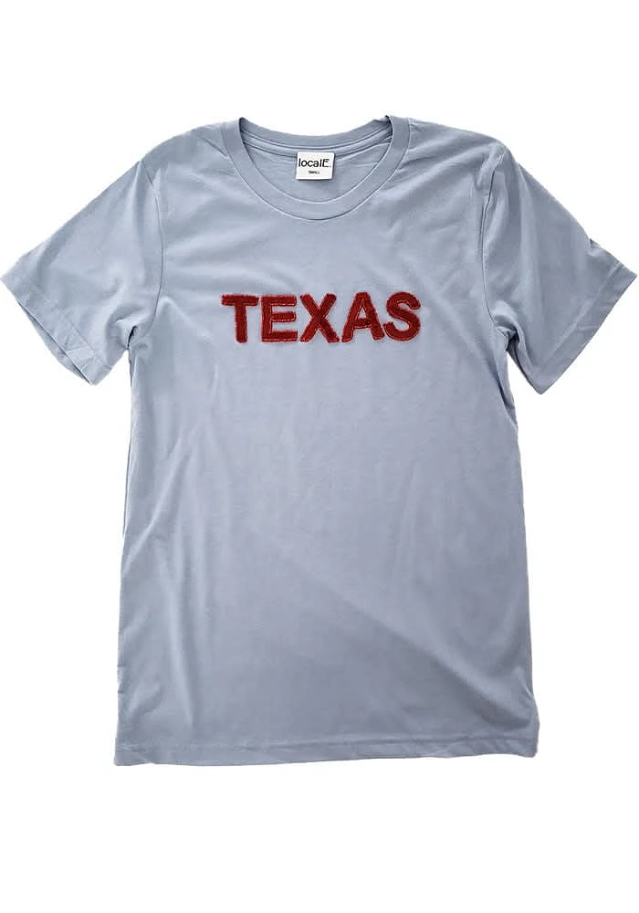LocalE Texas Womens Light Blue Sequins Wordmark Short Sleeve T-Shirt