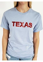 LocalE Texas Womens Light Blue Sequins Wordmark Short Sleeve T-Shirt