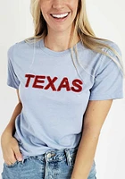 LocalE Texas Womens Light Blue Sequins Wordmark Short Sleeve T-Shirt