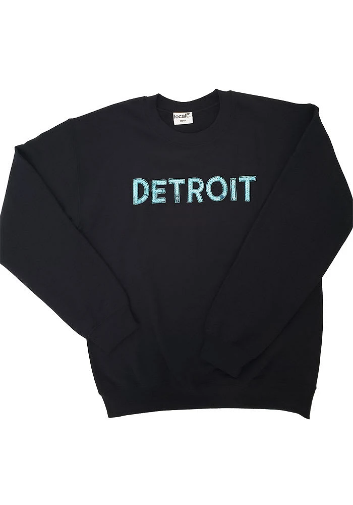 LocalE Detroit Womens Black Sequins Wordmark Crew Sweatshirt