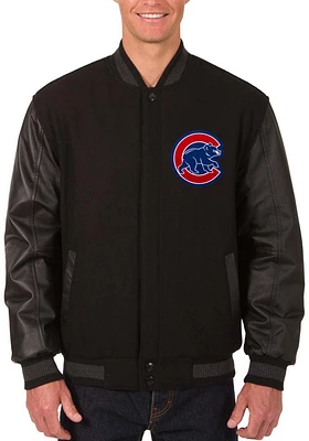 Mens Chicago Cubs Reversible Wool Leather Heavyweight Jacket - Black