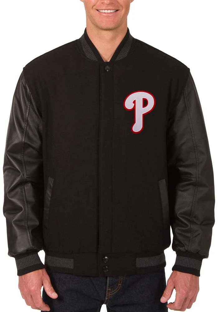 Mens Philadelphia Phillies Reversible Wool Leather Heavyweight Jacket - Black