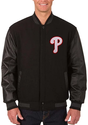 Mens Philadelphia Phillies Reversible Wool Leather Heavyweight Jacket - Black