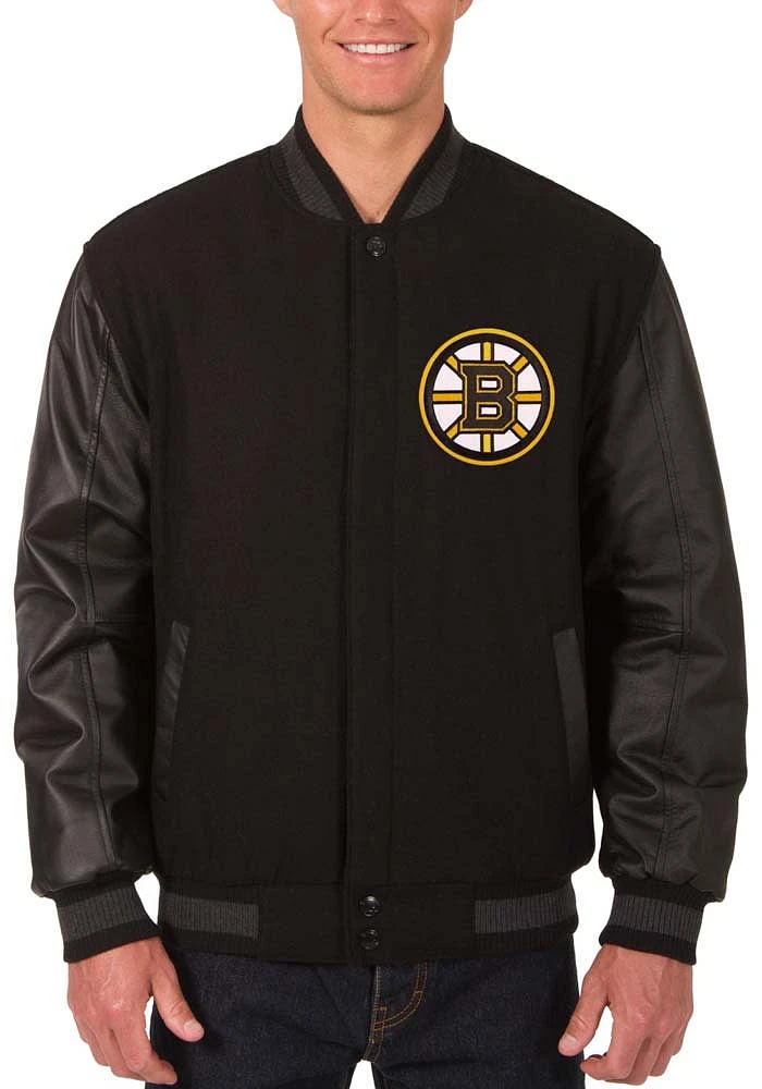 Mens Boston Bruins Reversible Wool Leather Heavyweight Jacket - Black
