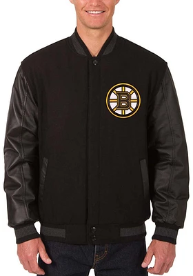 Mens Boston Bruins Reversible Wool Leather Heavyweight Jacket - Black